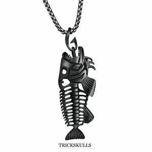 Black Stainless Piranha Fish Skeleton Bones Necklace w 24” Modern Box Chain NEW